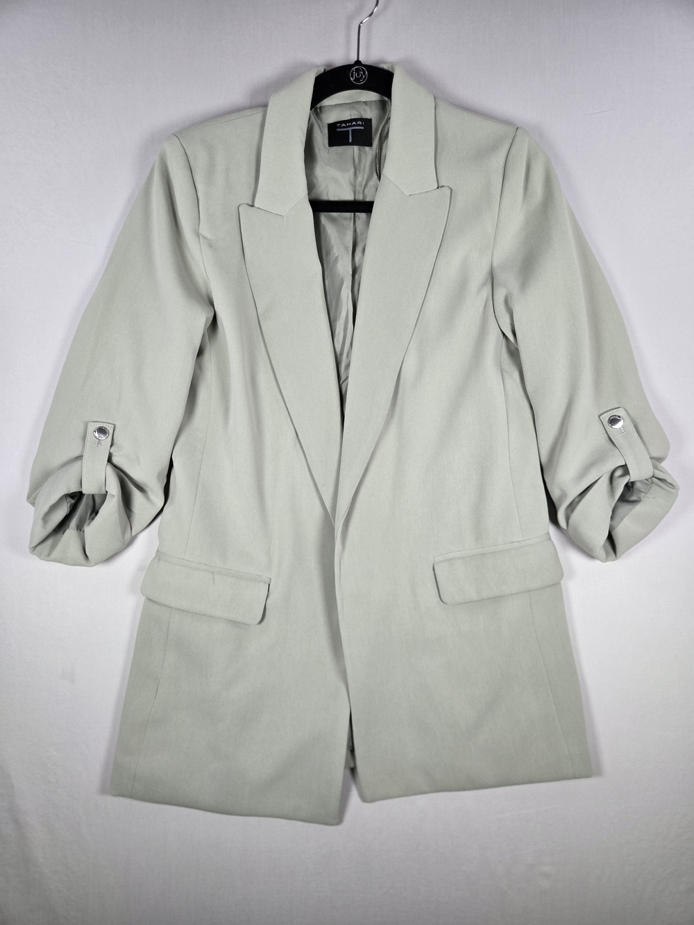 Tahari Sage Green Open Front Roll-Tab Sleeve Blazer Jacket Size XS